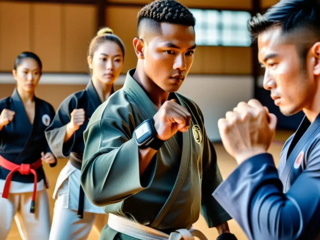 Un grupo de artistas marciales con wearables modernos practicando técnicas en un dojo