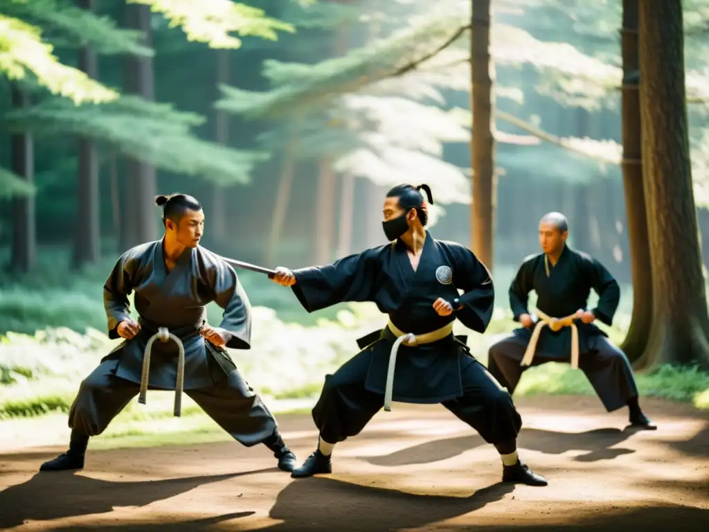 Grupo de artistas marciales modernos practicando técnicas de ninjutsu en un claro del bosque, mostrando la adaptación del Ninjutsu en era moderna