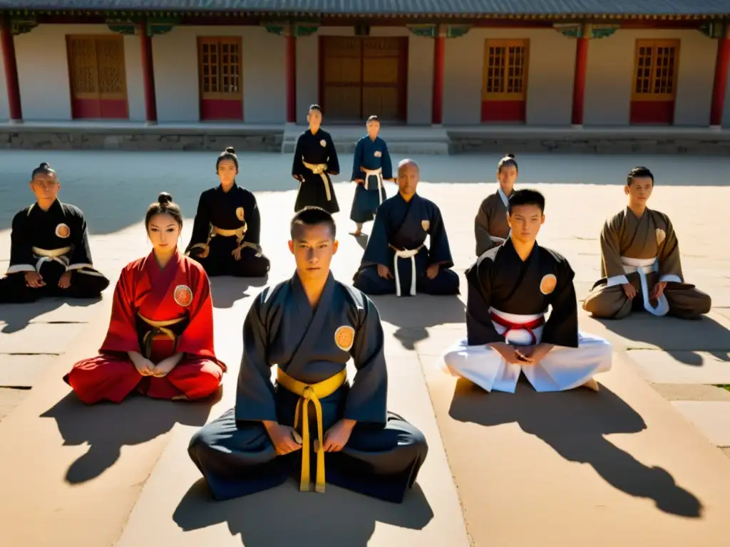 Un grupo de artistas marciales practica movimientos en un patio bañado por el sol