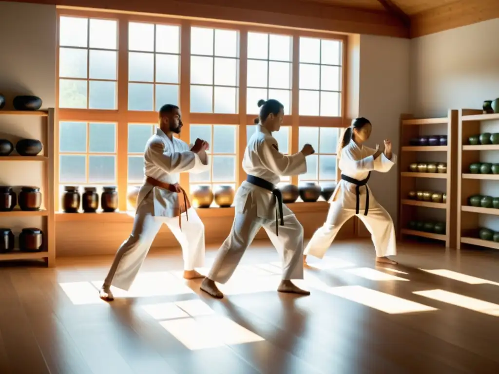 Grupo de artistas marciales practicando movimientos precisos en un dojo, con suplementos veganos integrados en su rutina de entrenamiento