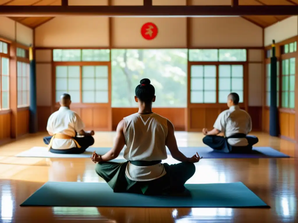 Grupo de artistas marciales en meditación, conectando con la naturaleza en un dojo sereno