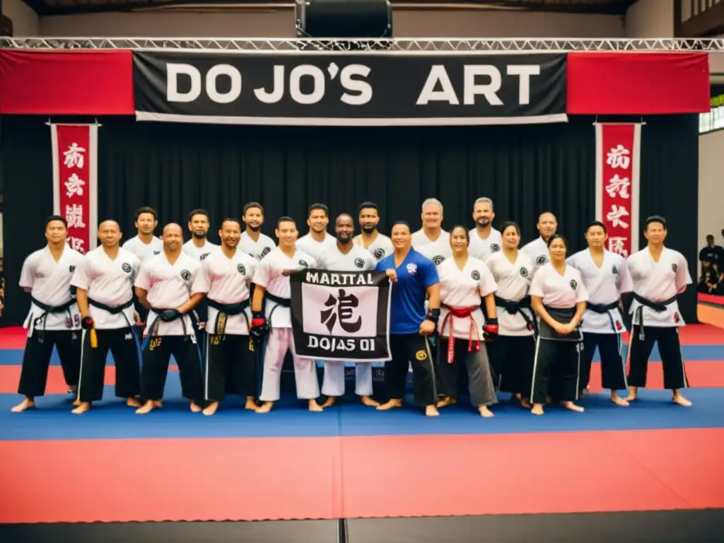 Un grupo de artistas marciales representa con orgullo su dojo en un evento, luciendo camisetas y equipo personalizados