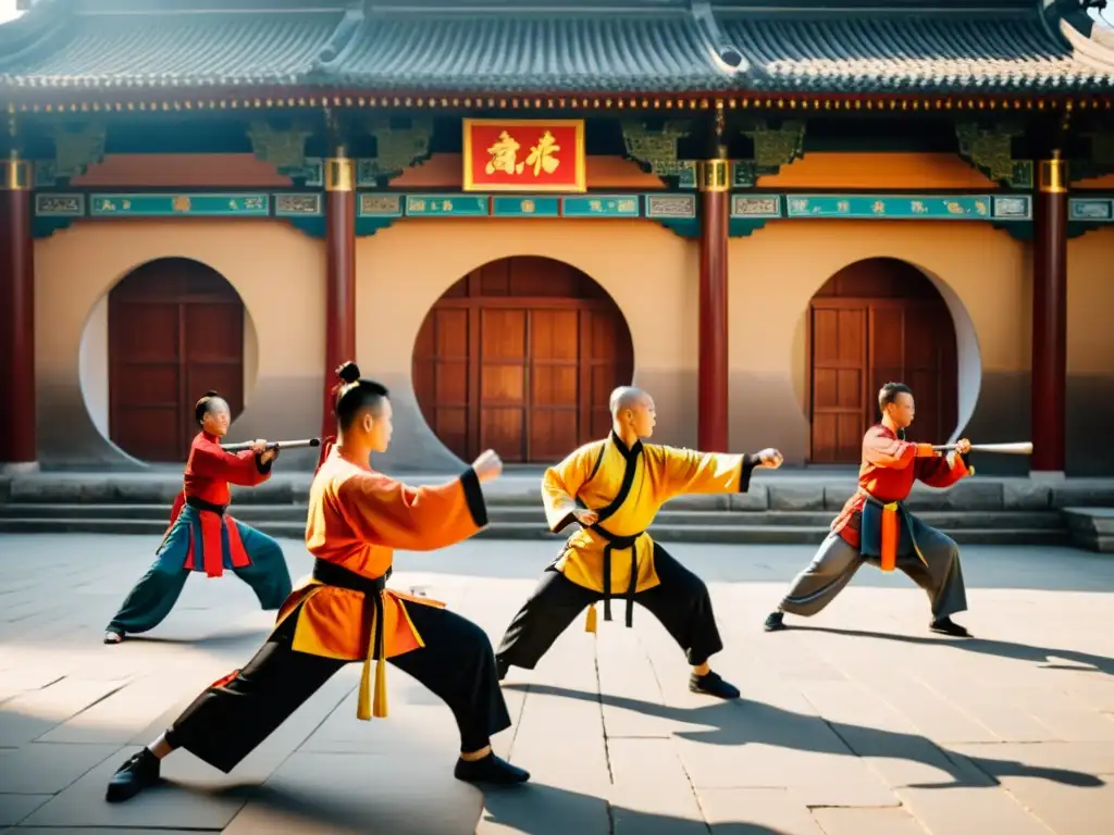 Un grupo de artistas marciales practica Kung Fu en un patio antiguo, destacando la historia y funcionalidad de los trajes de Kung Fu en su evolución