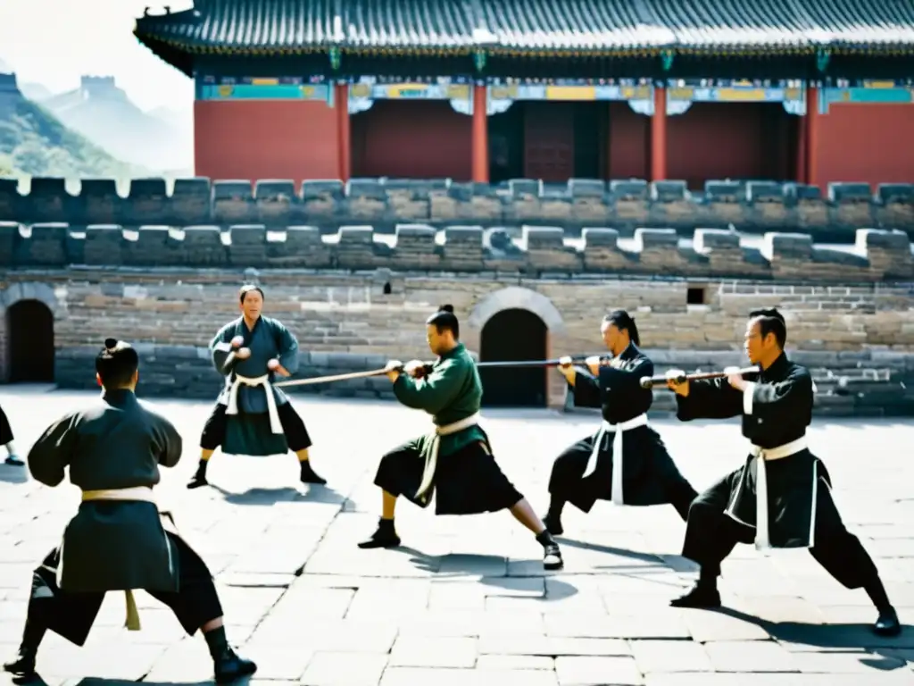 Un grupo de artistas marciales practicando disciplinadamente en un patio, con la Gran Muralla China apenas visible al fondo