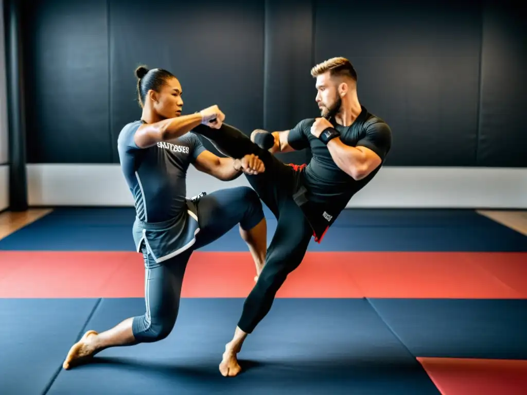 Grupo de artistas marciales entrenando con prendas de compresión, mostrando flexibilidad y fuerza