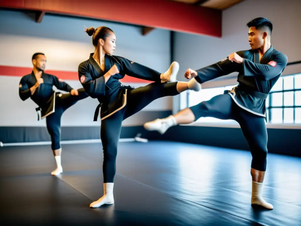 Un grupo de artistas marciales en prendas de compresión practicando patadas altas en un dojo, destacando los beneficios de las prendas de compresión en las artes marciales