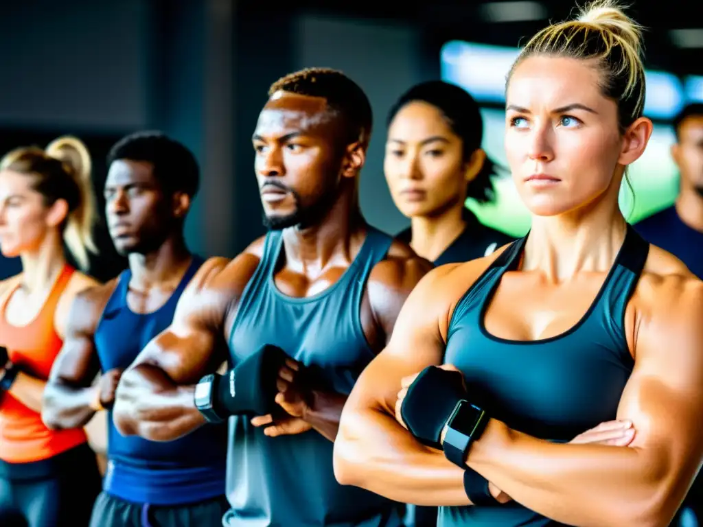 Un grupo de artistas marciales usa rastreadores de fitness en un intenso entrenamiento en un dojo tradicional