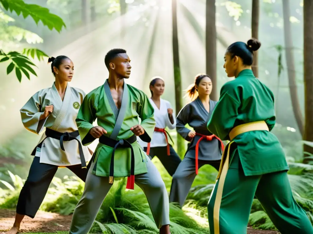 Grupo de artistas marciales con ropa de entrenamiento sostenible practicando en un bosque verde, fusionando la naturaleza con las artes marciales