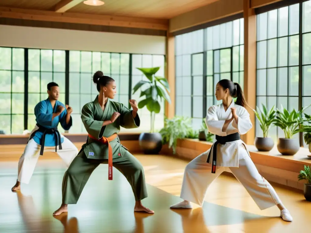 Grupo de artistas marciales con ropa de entrenamiento sostenible practicando movimientos precisos en un dojo luminoso y ecológico