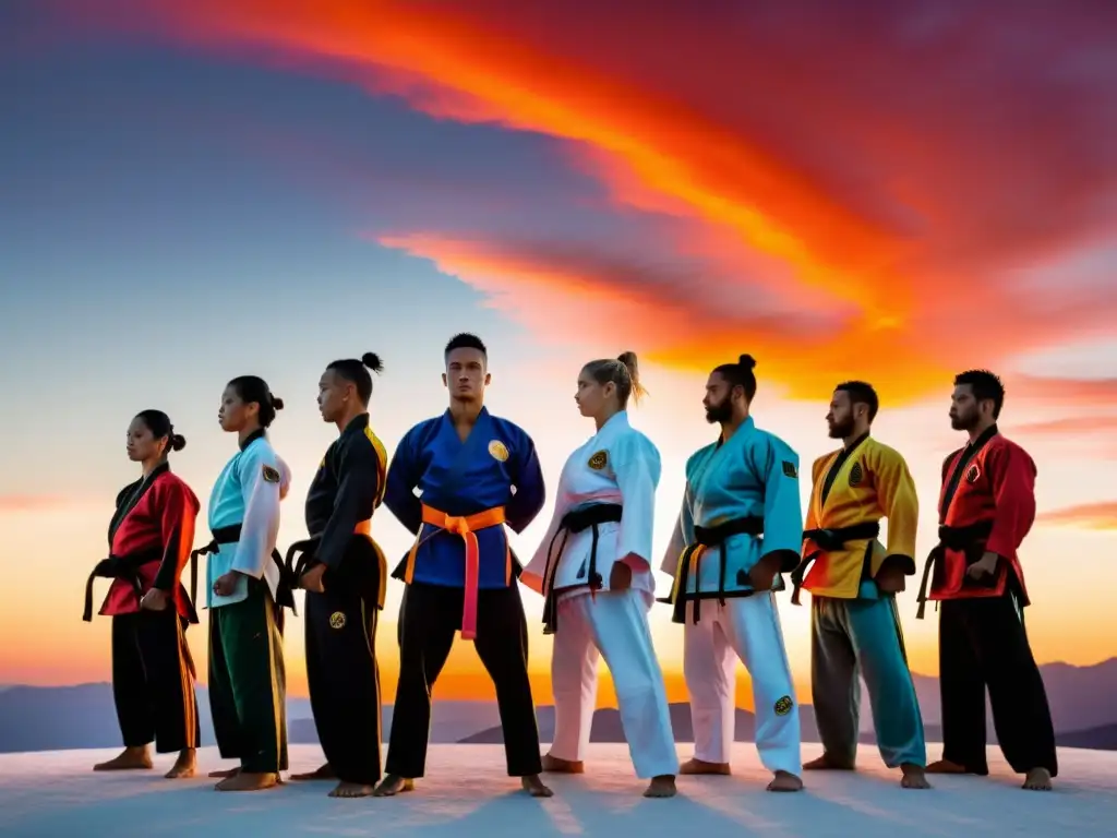 Grupo de artistas marciales con ropa de entrenamiento en vibrante atardecer, reflejando el significado de los colores en las artes marciales