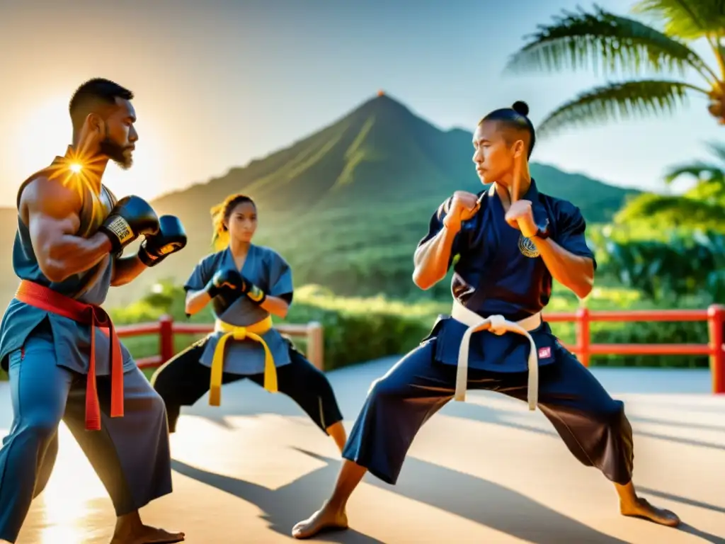 Grupo de artistas marciales entrenando con ropa de entrenamiento para artes marciales en un escenario tropical, mostrando determinación y vitalidad