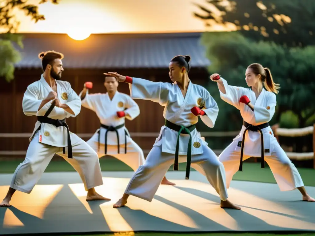 Grupo de artistas marciales en karategi ejecutando rutinas de entrenamiento fitness al atardecer, mostrando fuerza y agilidad