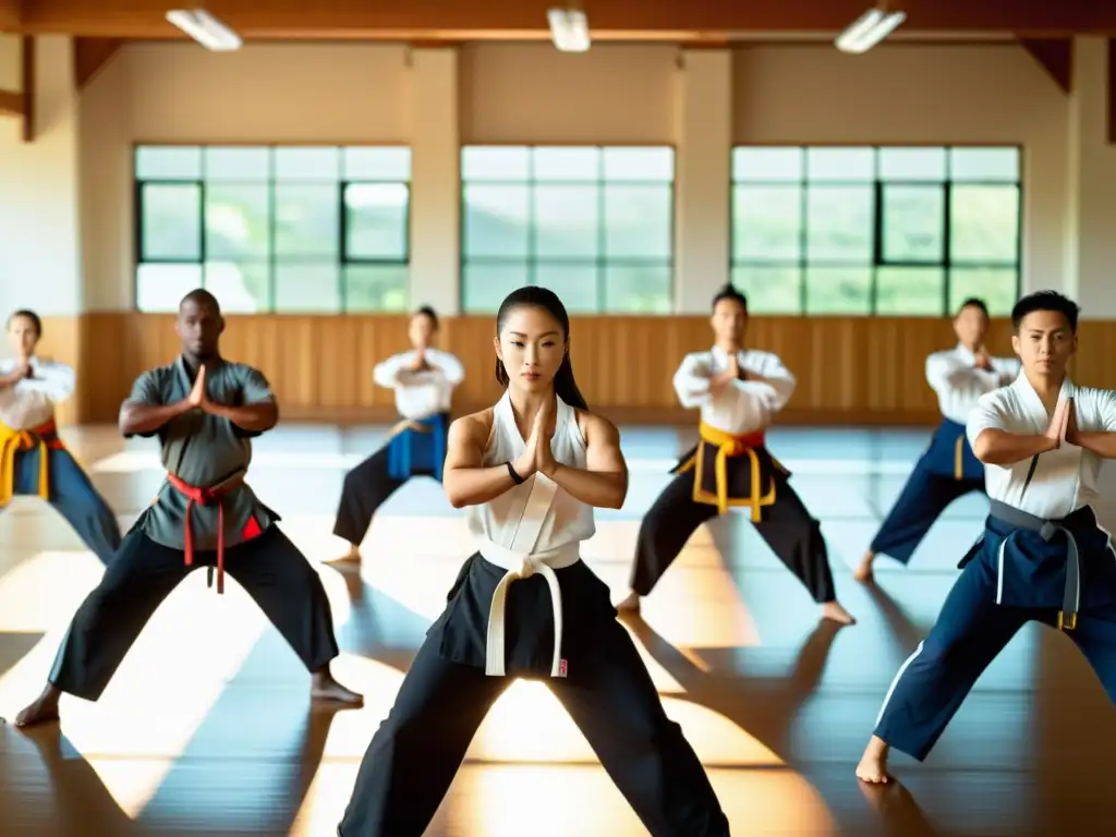 Un grupo de artistas marciales realiza rutinas de calentamiento dinámico en un dojo soleado, transmitiendo energía y disciplina