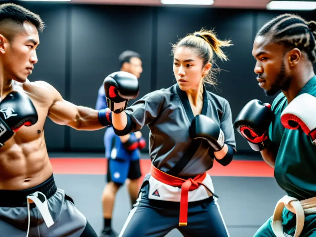 Grupo de artistas marciales con wearables con sensores de movimiento en plena sesión de combate en el dojo