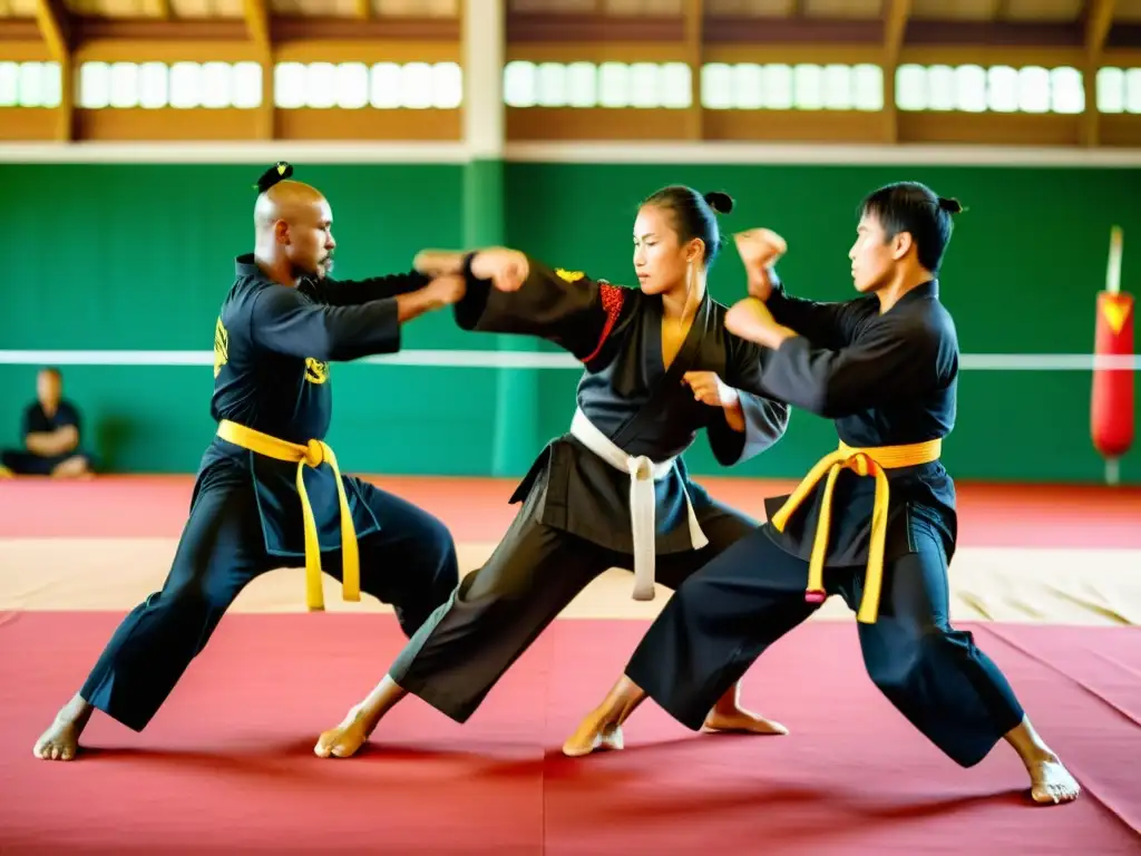 Grupo de artistas marciales de Silat en una intensa competición, demostrando precisión y técnica