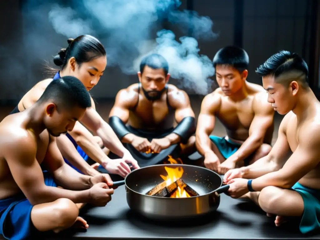 Un grupo de artistas marciales prepara en silencio una comida, mostrando la fusión entre artes marciales y nutrición