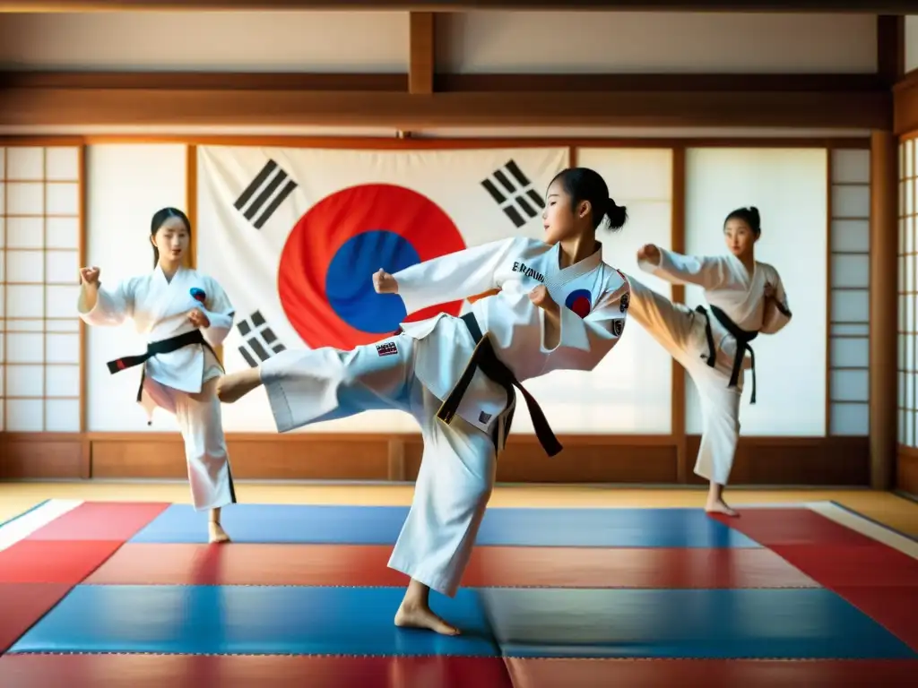 Un grupo de artistas marciales practicando Taekwondo en un dojang tradicional en Corea del Sur