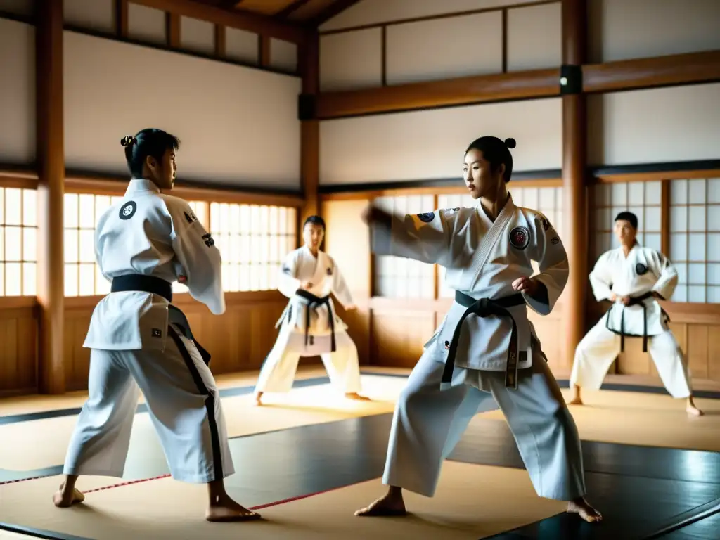 Un grupo de artistas marciales practicando Taekwondo con intensa disciplina en un dojang tradicional en Corea