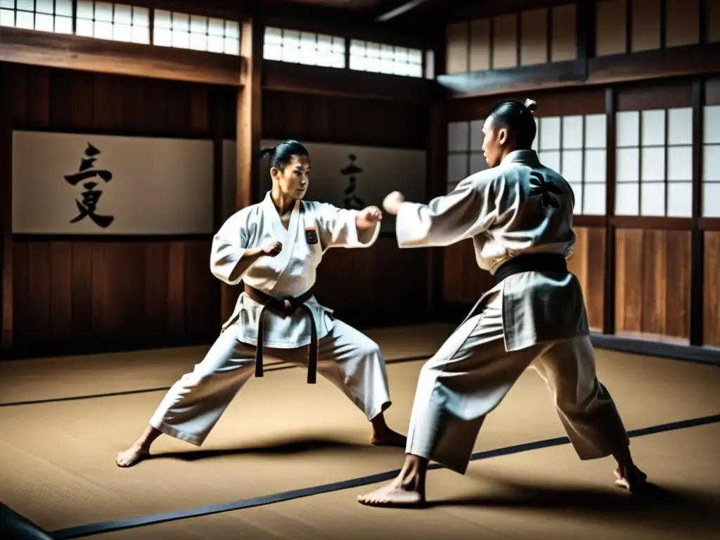 Un grupo de artistas marciales practica técnicas tradicionales en un dojo histórico y tenue