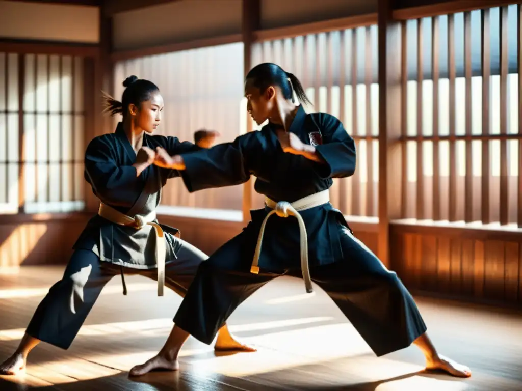 Entrenamiento de artes marciales con intensidad y disciplina Un grupo de artistas marciales practicando técnicas de combate en un dojo tenue, destacando su concentración y precisión