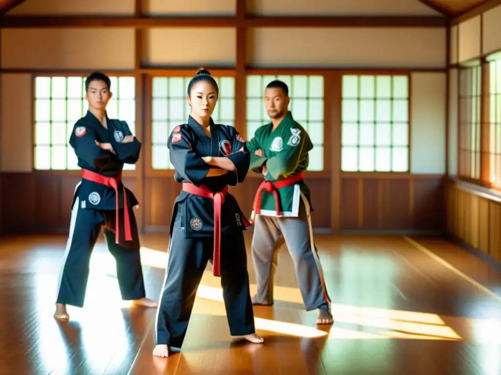 Un grupo de artistas marciales practican técnicas en un dojo, luciendo mercancía a medida para eventos de artes marciales