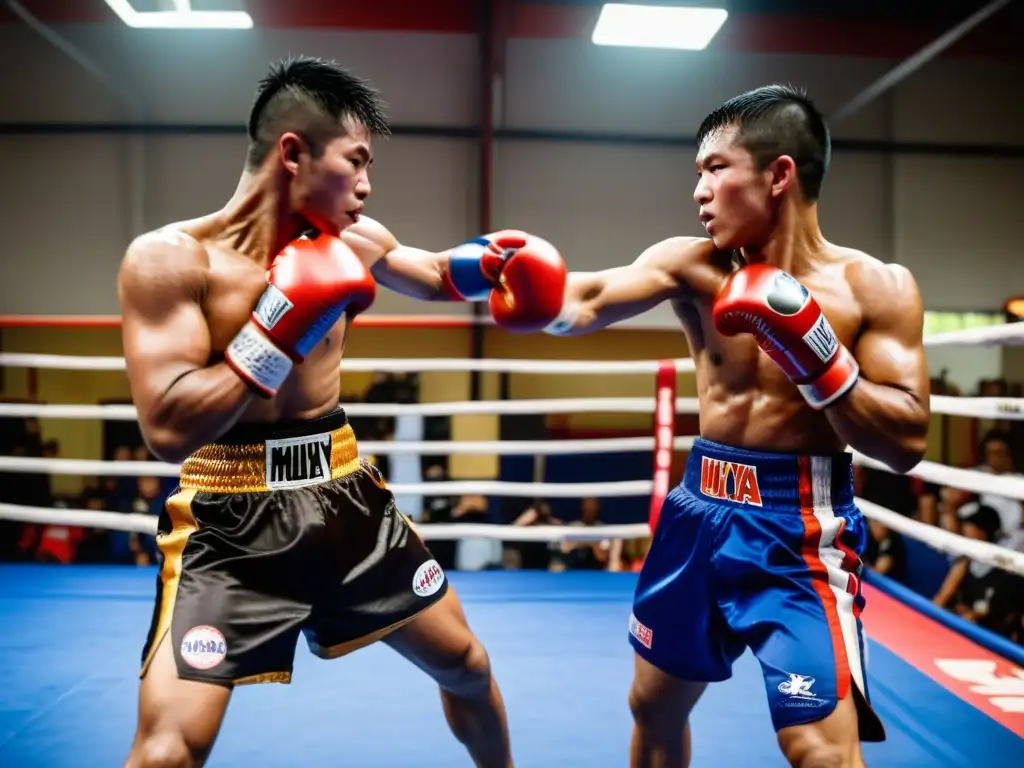 Grupo de artistas marciales demostrando técnicas poderosas en un gimnasio vibrante, reflejando la difusión del Muay Thai en América