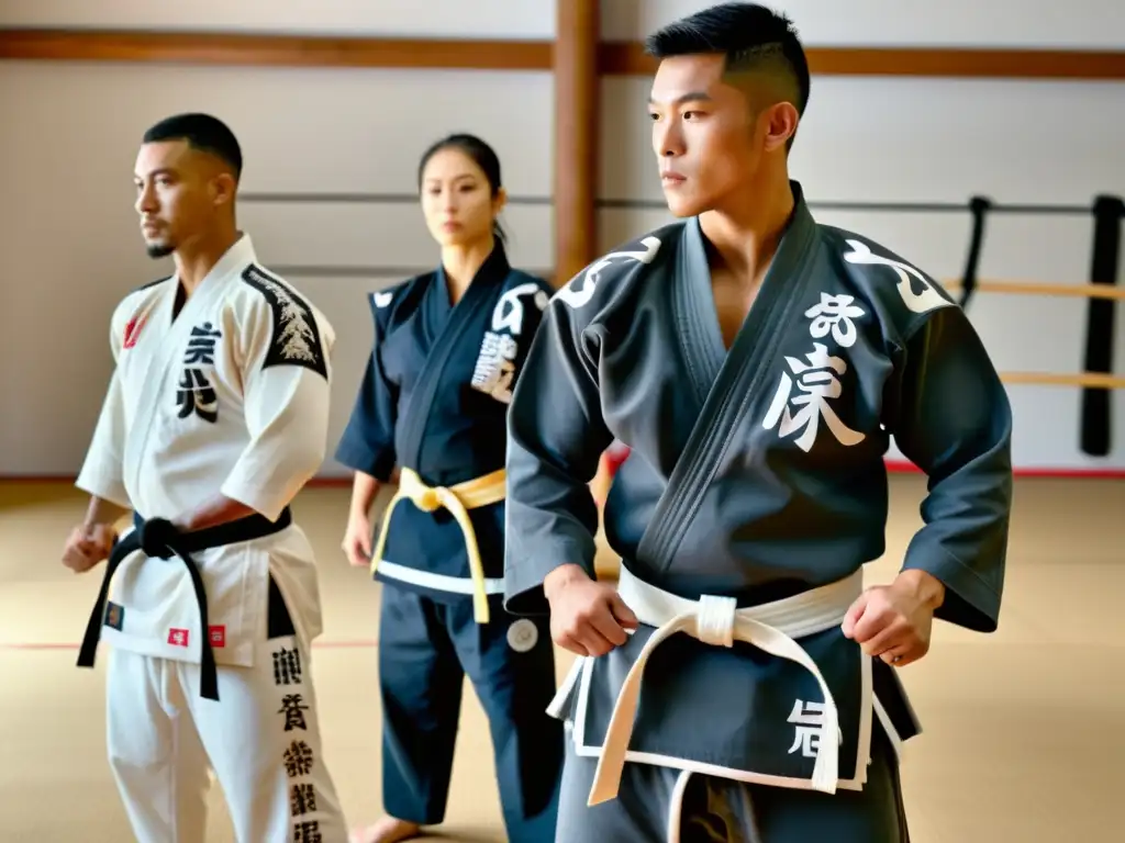 Grupo de artistas marciales practicando técnicas en un dojo con ropa de entrenamiento artes marciales personalizada, mostrando disciplina y dedicación