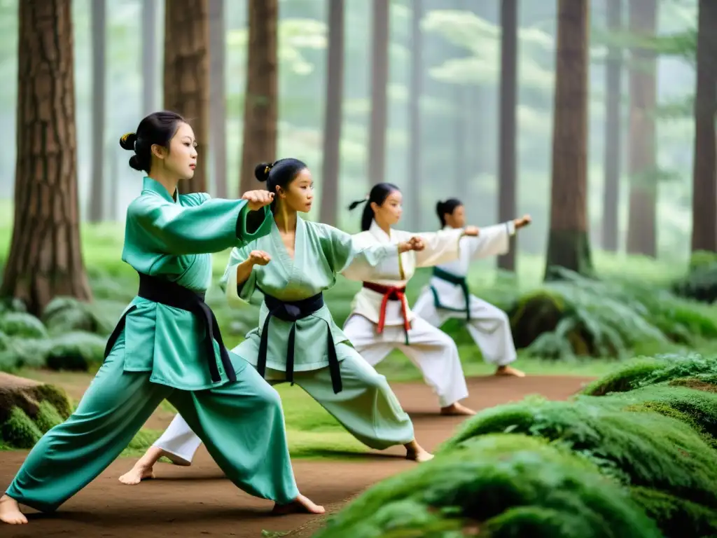 Grupo de artistas marciales practicando técnicas en un claro del bosque, vistiendo estilos de ropa de entrenamiento tradicionales