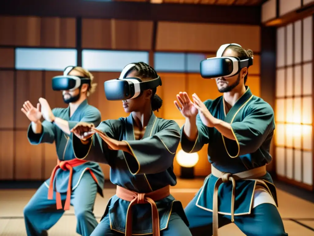 Grupo de artistas marciales practicando técnicas en un dojo virtual, fusionando artes antiguas con tecnología de realidad virtual