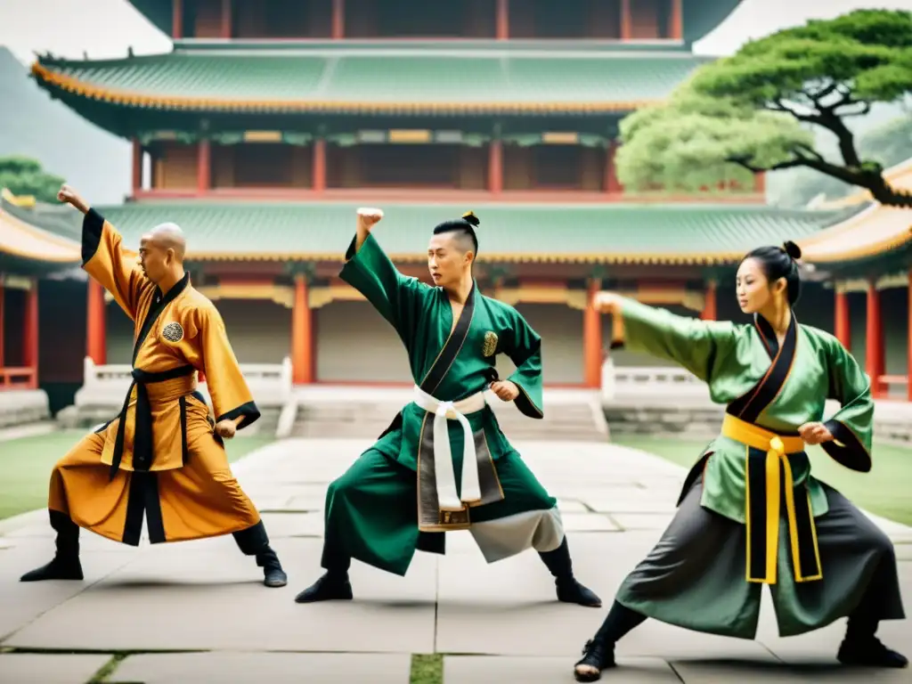 Un grupo de artistas marciales en trajes tradicionales de Kung Fu, ejecutando movimientos precisos y expresando la funcionalidad histórica de sus atuendos