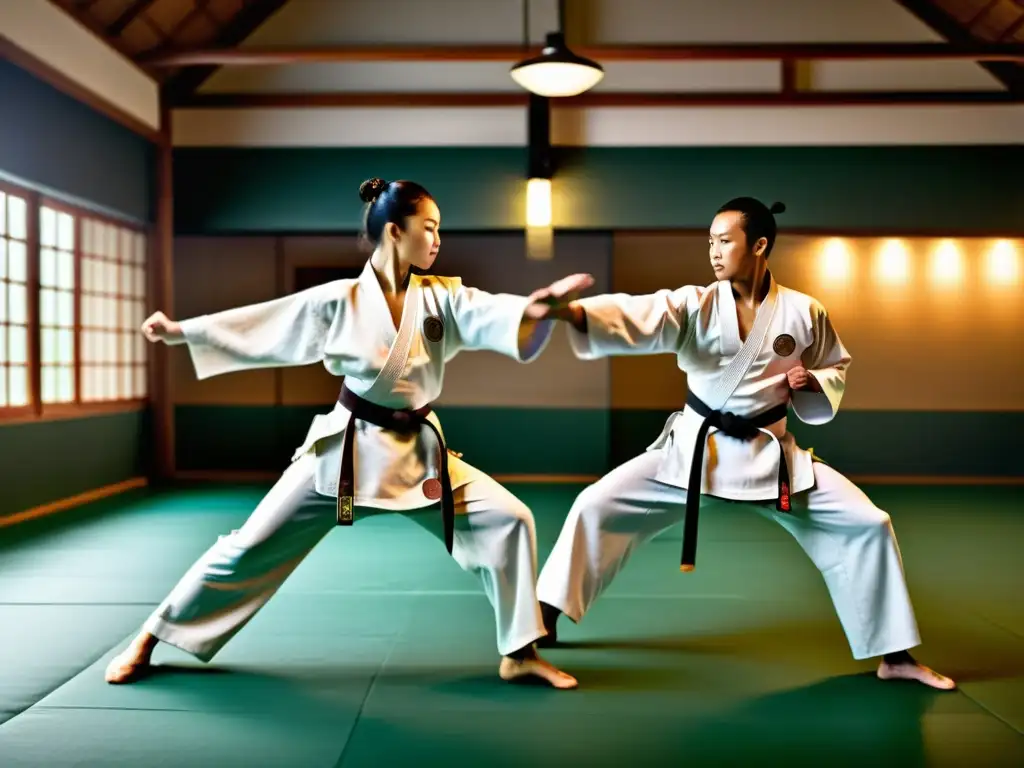 Un grupo de artistas marciales en trajes tradicionales realizan una rutina coreografiada en un dojo bien iluminado, mostrando destreza y concentración