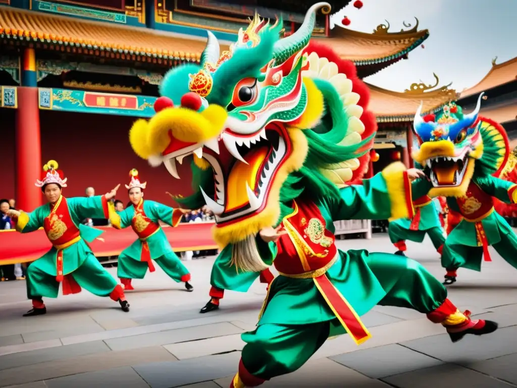 Grupo de artistas marciales en trajes tradicionales de danza del dragón, simbolismo en artes marciales chinas