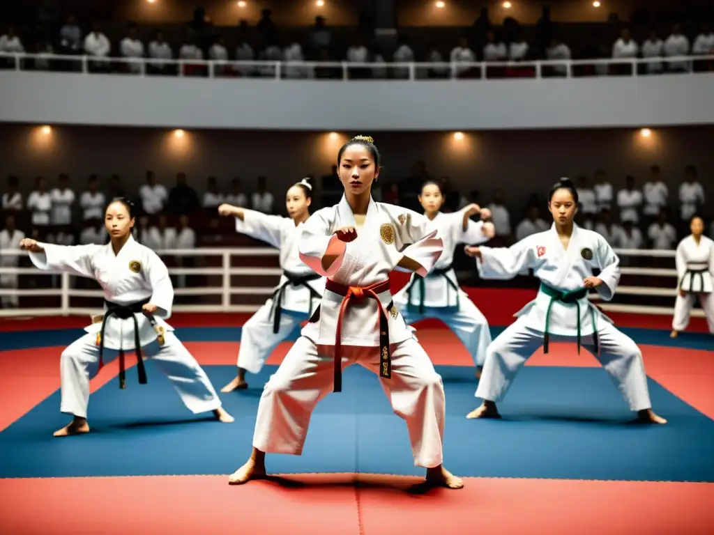 Grupo de artistas marciales en uniformes blancos representando el espíritu del dojo en un evento de artes marciales