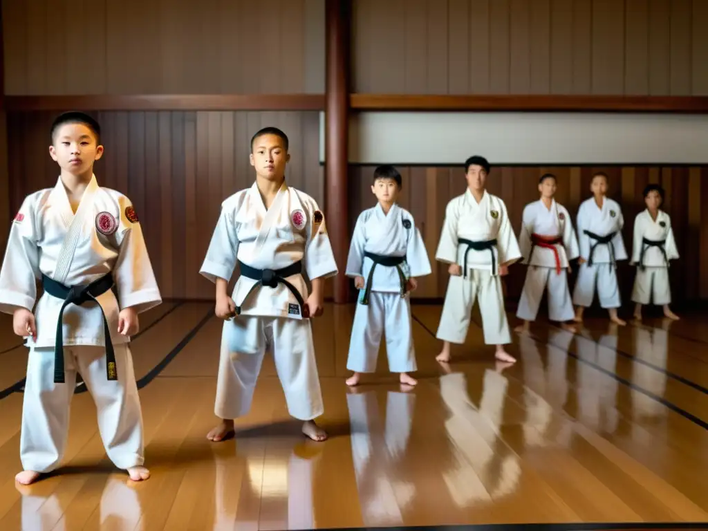 Un grupo de artistas marciales en uniformes blancos tradicionales se alinean en formación perfecta con determinación y concentración