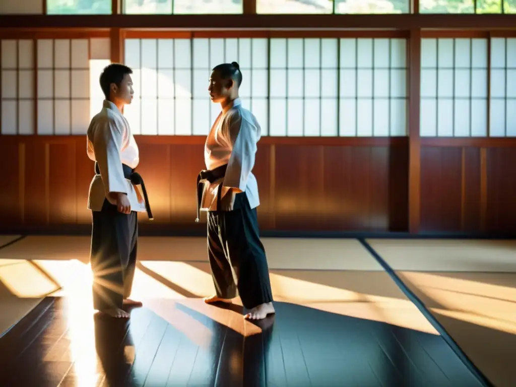 Un grupo de artistas marciales en uniformes tradicionales se alinean en un dojo iluminado por el sol