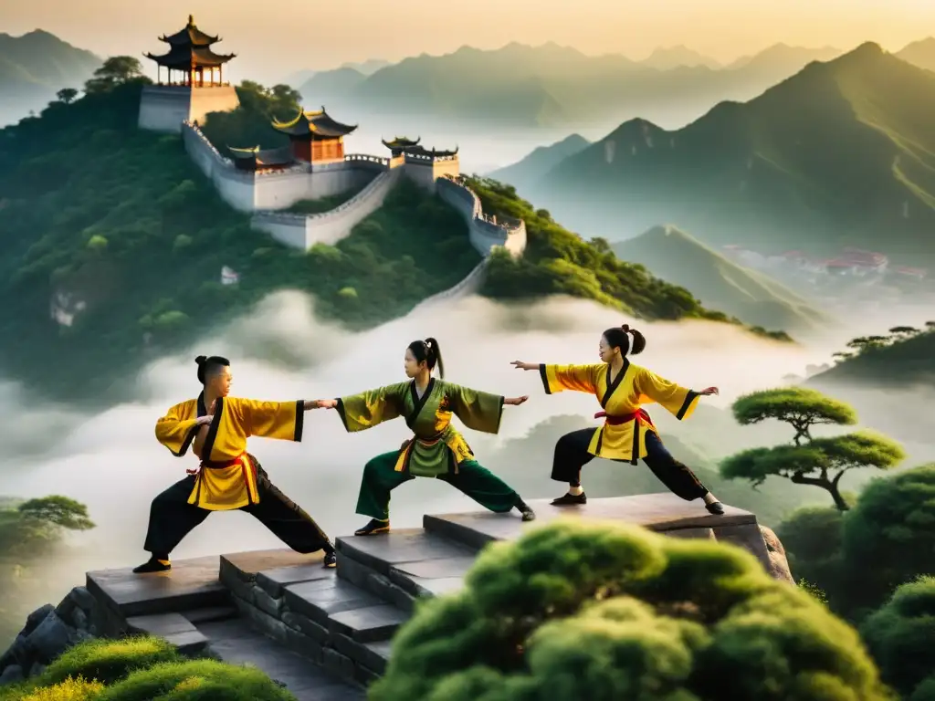 Grupo de artistas marciales en uniformes tradicionales de wushu chino, realizando movimientos precisos y sincronizados en una montaña tranquila y brumosa al amanecer