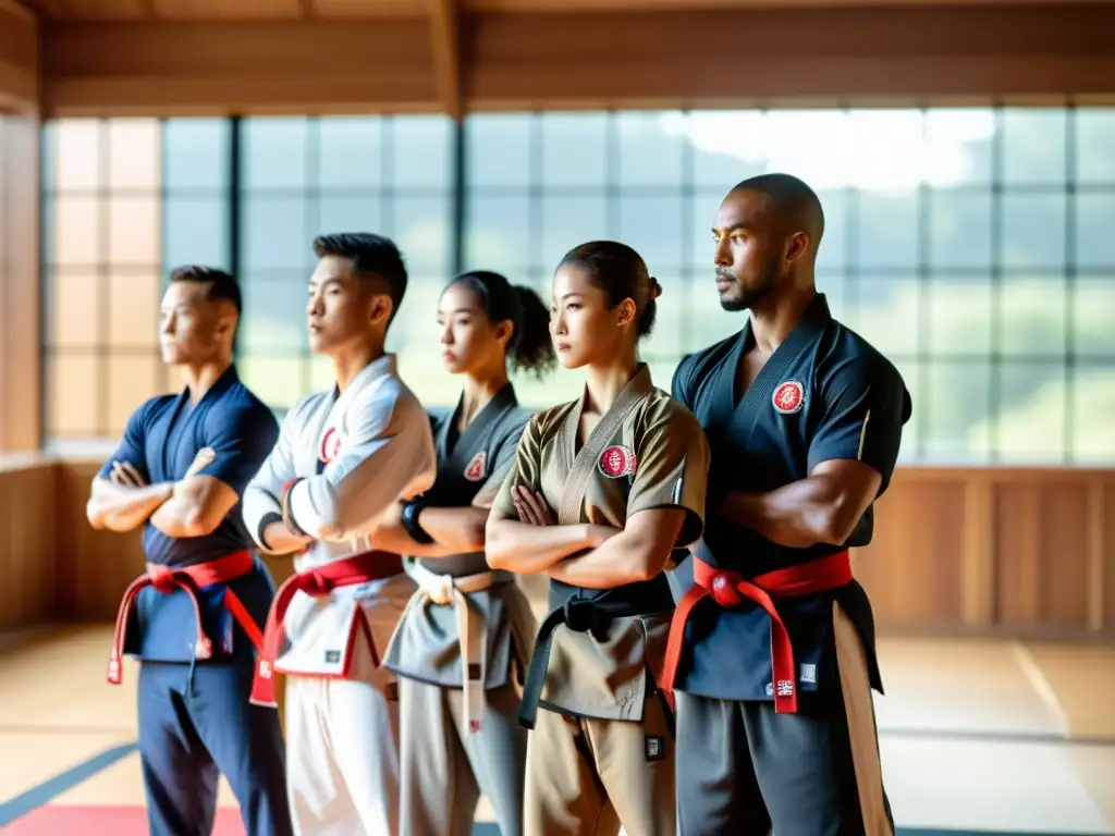 Un grupo de artistas marciales con uniformes tradicionales y wearables para uniforme marcial, fusionando tradición y tecnología en un dojo iluminado por luz natural