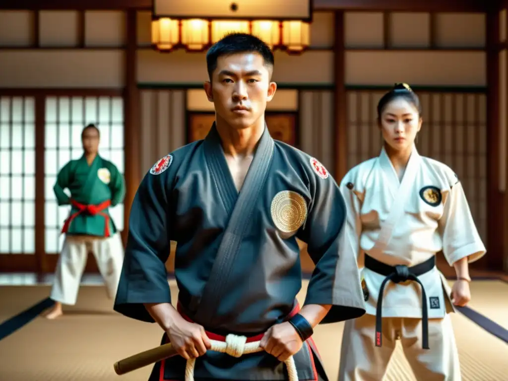 Un grupo de artistas marciales en uniformes tradicionales practican con precisión en un dojo