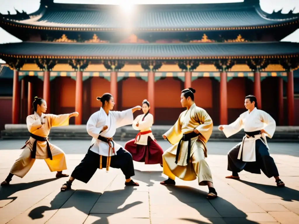 Un grupo de artistas marciales en vestimenta asiática tradicional demostrando técnicas en un patio rodeado de pagodas antiguas