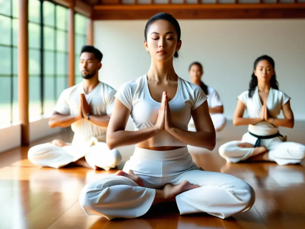 Grupo de artistas marciales practicando yoga en un estudio luminoso