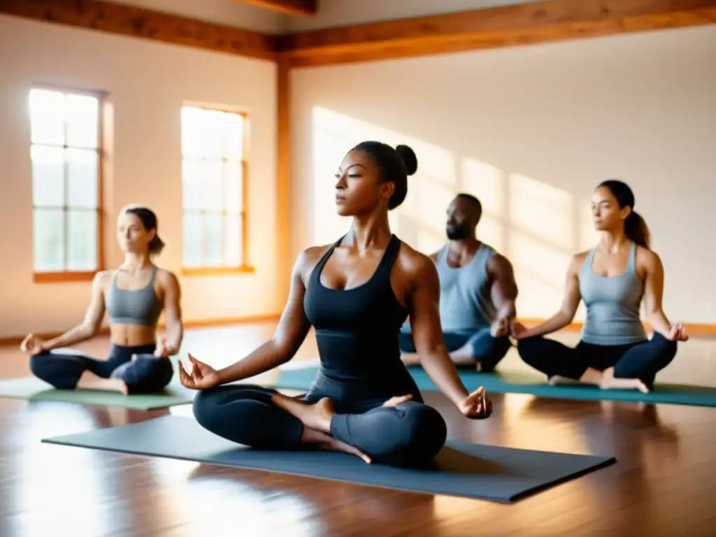 Grupo de artistas marciales practicando yoga juntos en un estudio, rodeados de luz natural