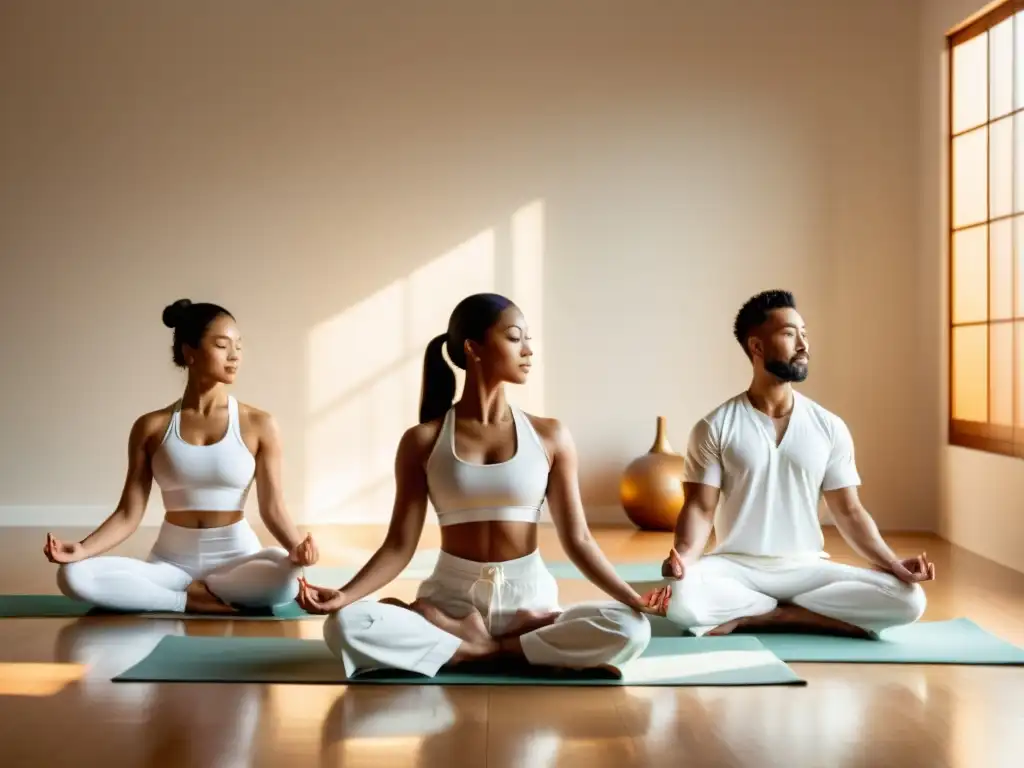 Grupo de artistas marciales practicando yoga y Pilates, integrando fuerza, flexibilidad y enfoque