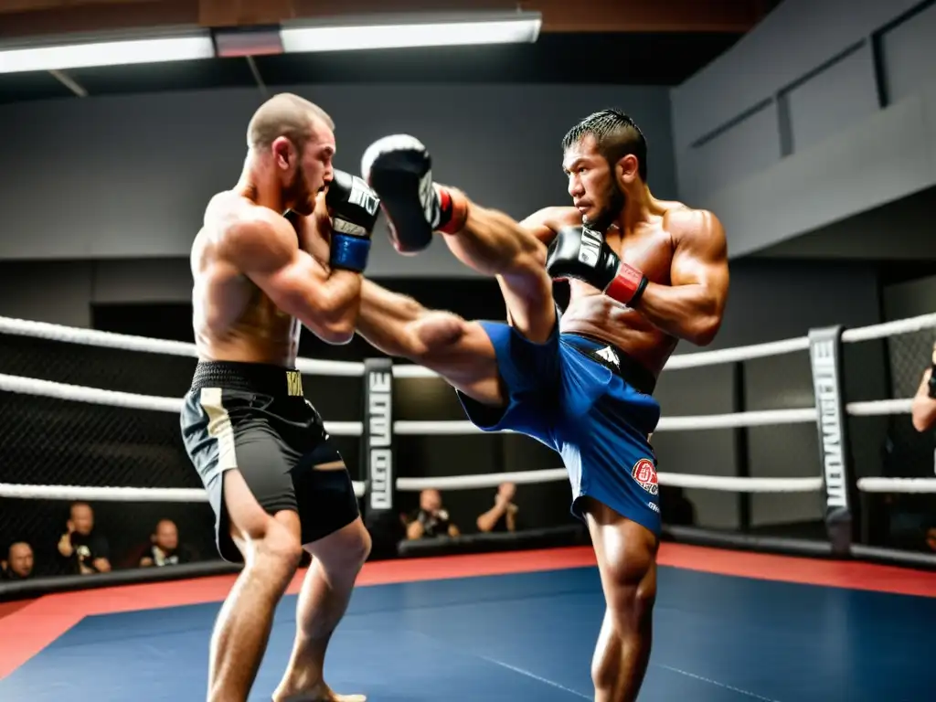 Grupo de atletas de artes marciales mixtas en intenso entrenamiento en moderna instalación