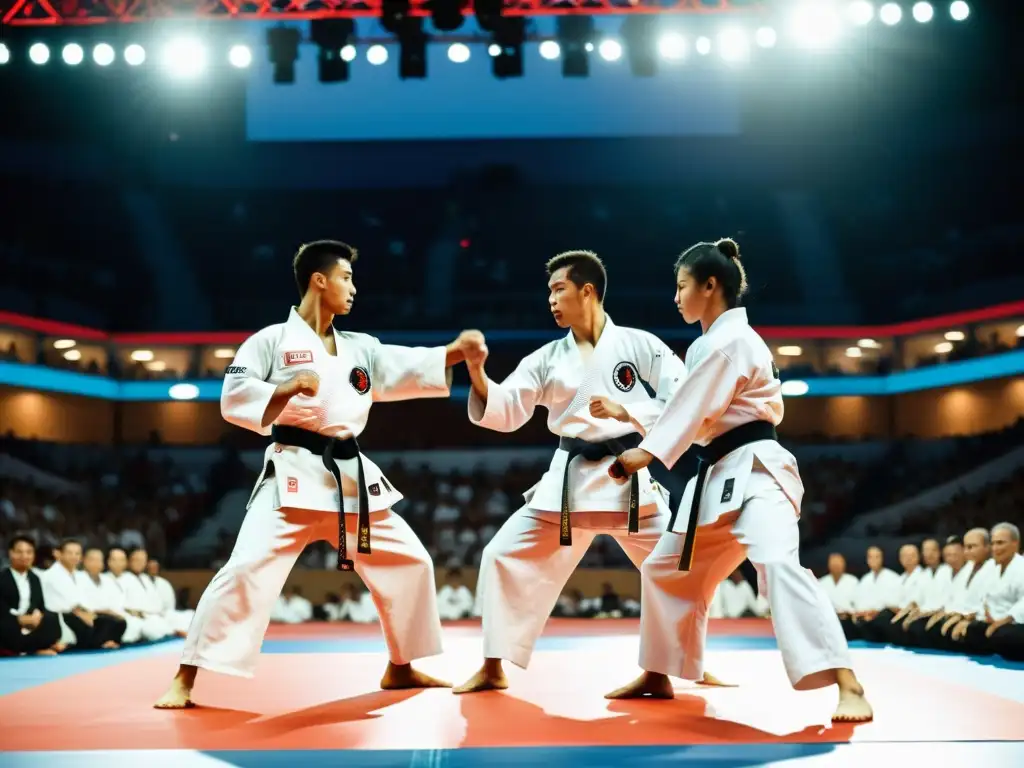 Grupo de atletas de karate de clase mundial realiza rutina sincronizada en campeonato mundial de karate, demostrando precisión y poder