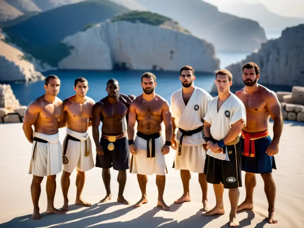 Grupo de atletas de Pankration concentrados en visualización en campamento griego al amanecer