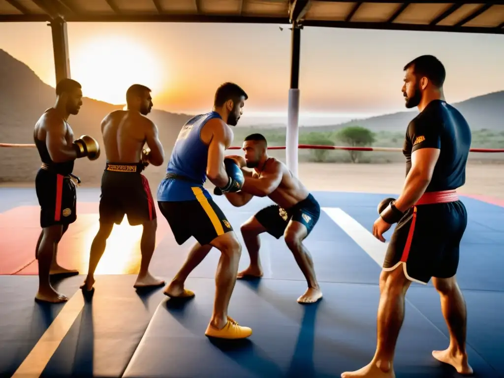 Grupo de atletas dedicados al Pankration, entrenando intensamente en un campamento al atardecer