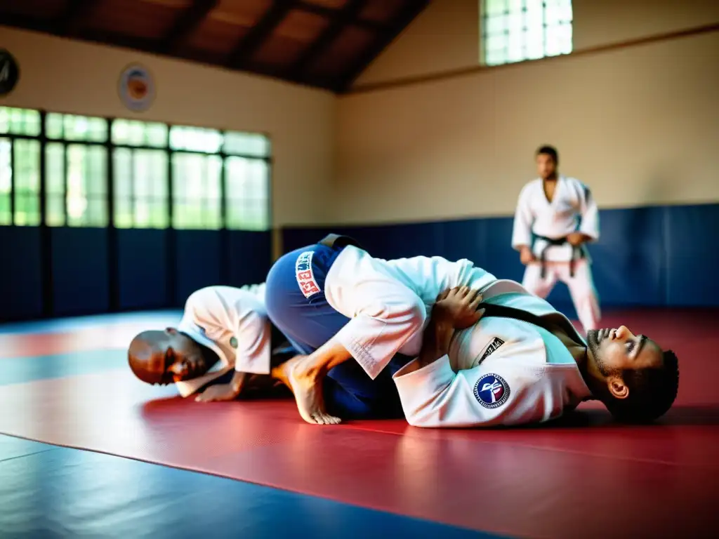 Un grupo de atletas dedicados practicando JiuJitsu Brasileño con intensidad y pasión en un gimnasio iluminado por el sol