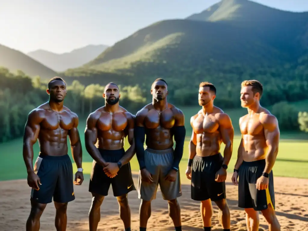 Grupo de atletas determinados entrenando en campamento de Pankration al atardecer