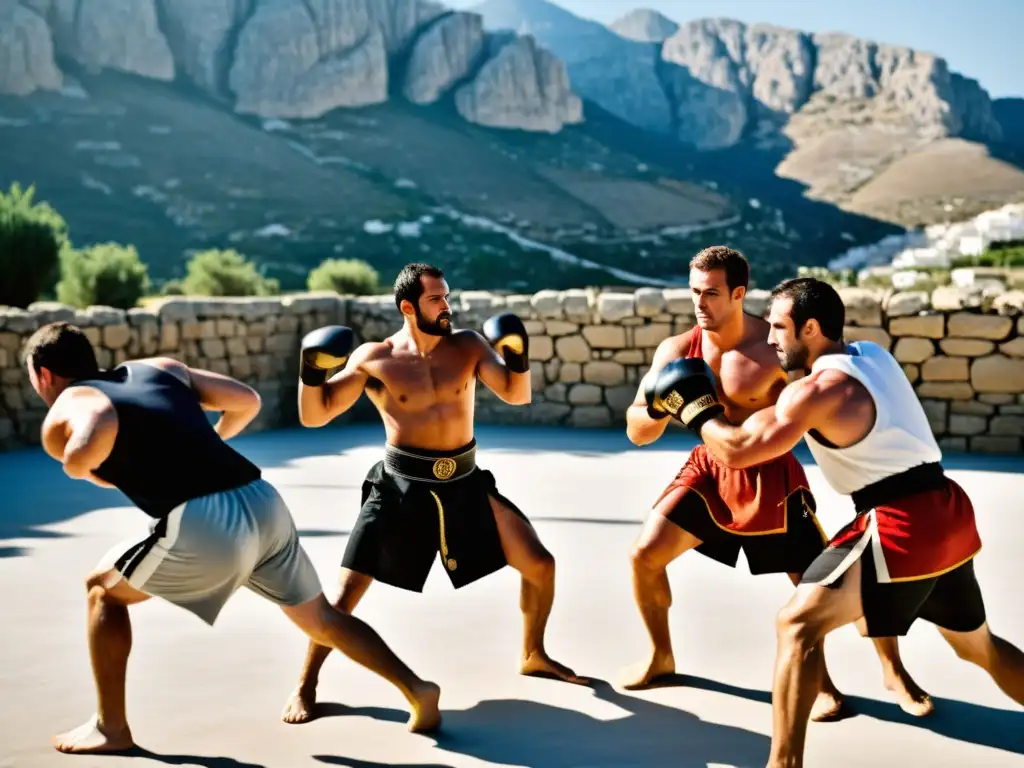 Grupo de atletas entrenando duro en campamento de Pankration bajo el sol, en paisaje montañoso