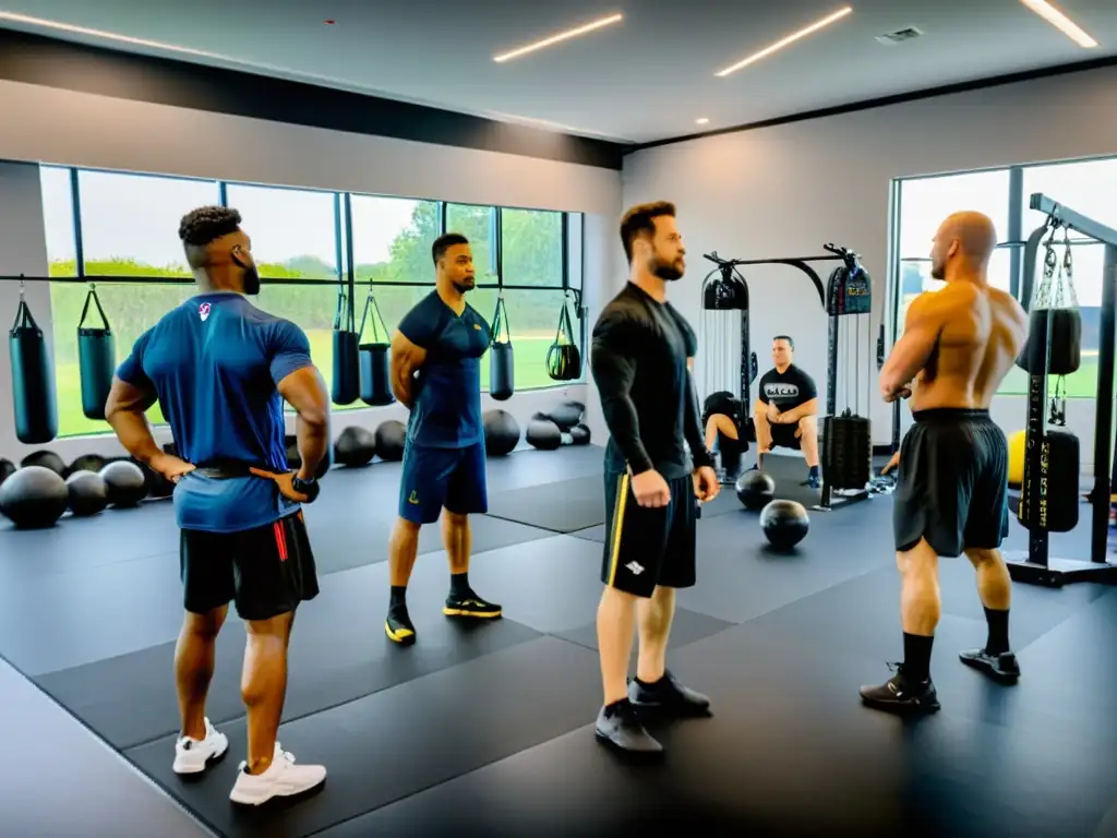 Grupo de atletas en entrenamiento funcional de artes marciales en una clínica especializada, mostrando intensidad y disciplina